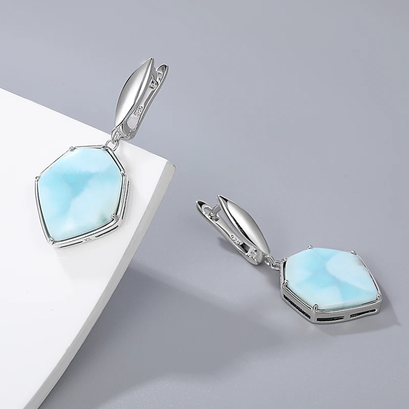 XYOP Hot sale Geometry Streamlined Long 925 Sterling Silver Jewelry Girl Natural Precious Larimar Earrings for Women