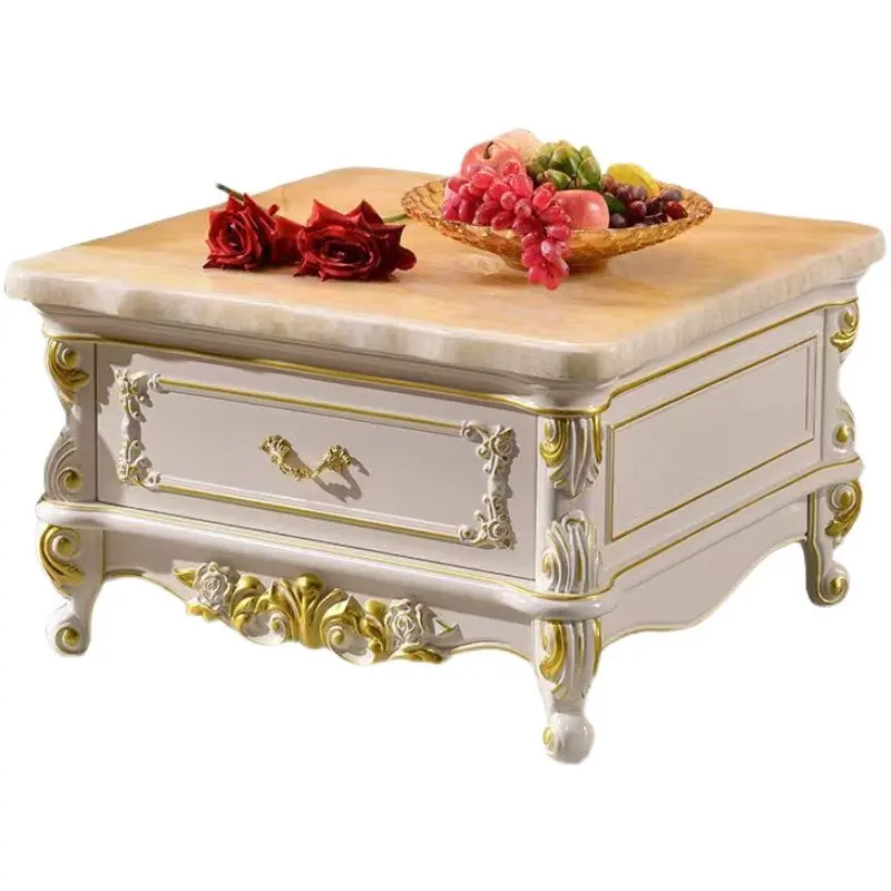 

European Marble Corner Side Cabinet, A Few Small Square All Solid Wood Carving Flower Living Room Combination White Furniture
