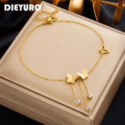 DIEYURO 316L Stainless Steel Butterfly Zircon Charm Anklets For Women Girl New Trend Leg Chain Waterproof Jewelry Gift Party