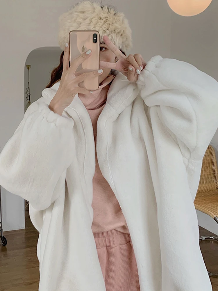 Nerazzurri Autumn Winter White Oversized Thick Warm Soft Faux Rabbit Fur Jacket Women Zip Up Loose Casual Fluffy Jacket 2024