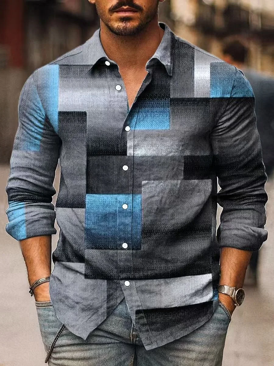 قميص رجالي بأكمام طويلة بطباعة هندسية، قميص أنيق بياقة بأزرار سفلية، مناسب للترفيه والعطلات في الهواء الطلق #4