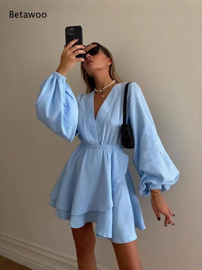 Women Deep V Puff Long Sleeve Elastic Waist Double Layer Ruffle Mini Dress Casual Holiday Outfit