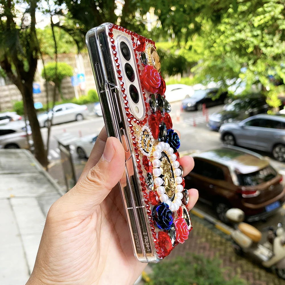Bling Rhinestone 3D Red and Black Rose Heart Hard PC Phone Cover for Samsung Galaxy Z Fold 7 6 5 4 3 2 Case
