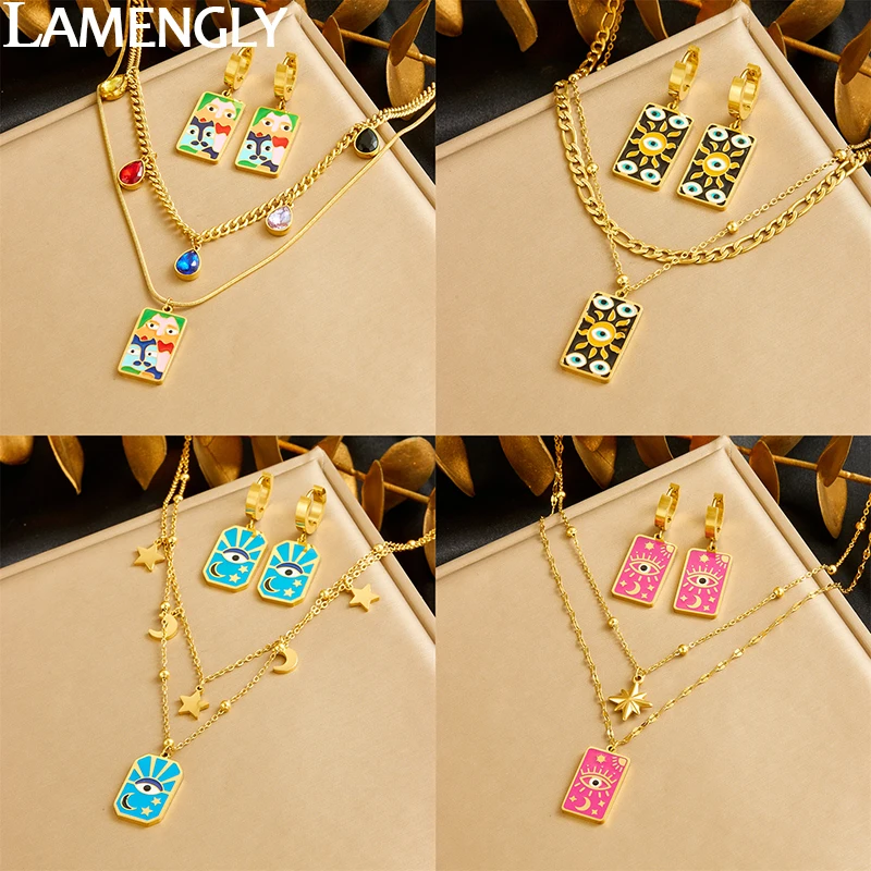 LAMENGLY 316L Stainless Steel Double Layered Chain Exaggerated Eyes Moon Star Necklace Earrings Women Trendy Jewelry Set Gifts