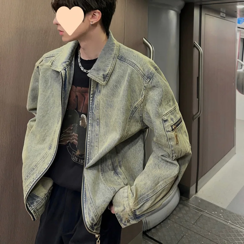 

Old Washed Denim Jacket Men's Spring and Autumn New Ruffian Handsome High Street Jacket American Couple Lapel Top