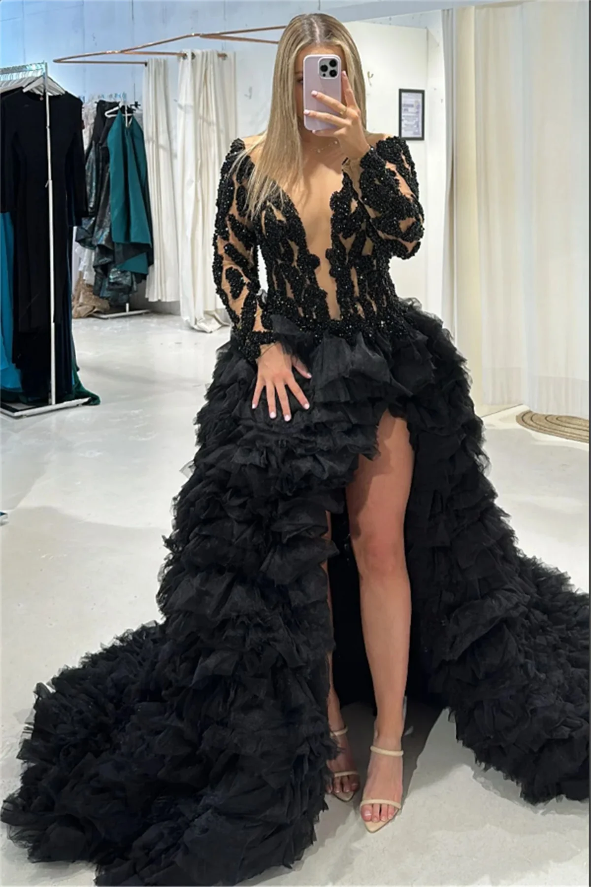 Robe de Soirée Noire Luxueuse en Tulle à Manches sulfpour Femme, Tenue Sexy à Volants, Perles, Dubaï, sur Mesure, Nouvelle Collection 2024