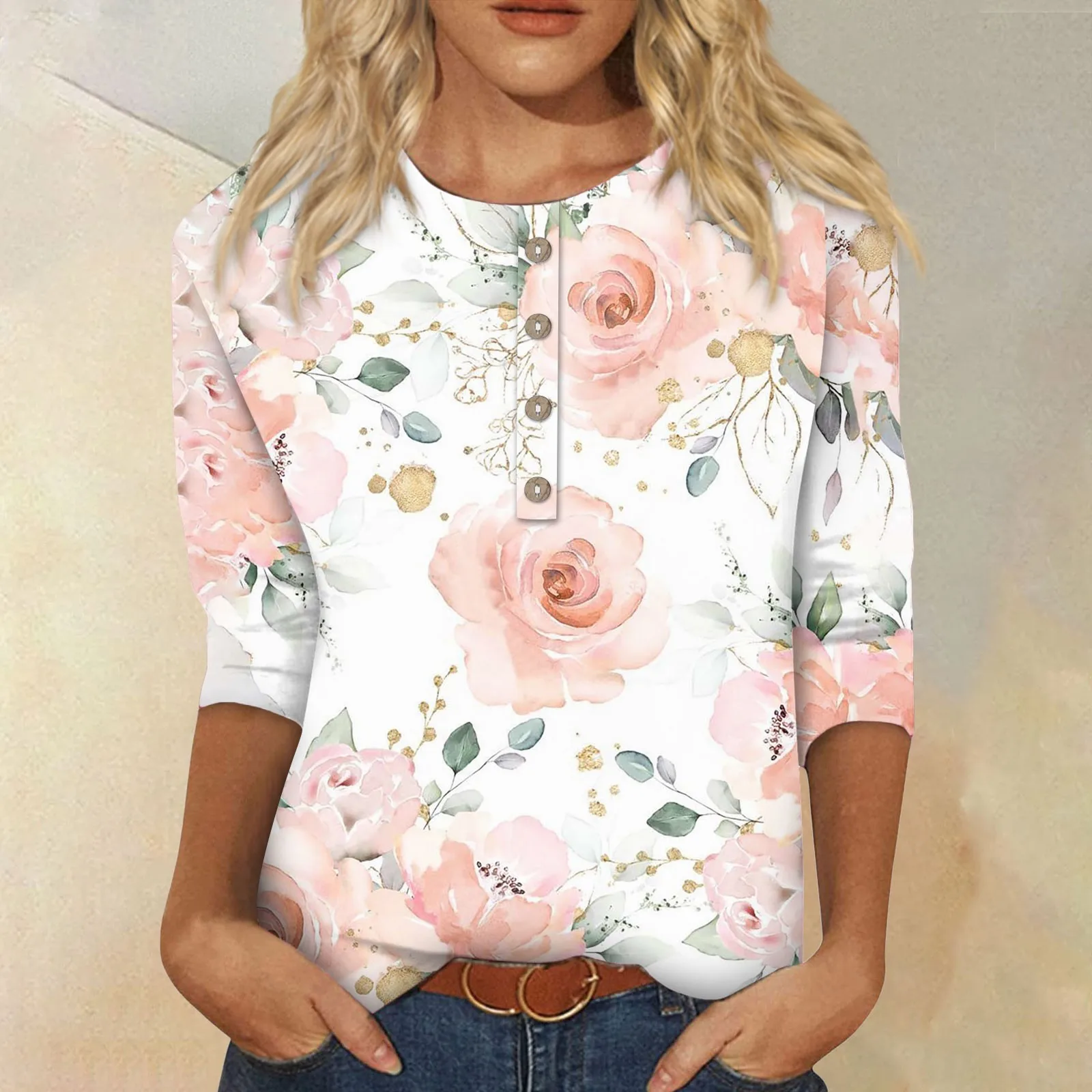 2024 Latest Style Casual Women's Shirt Flower Pattern Button Half Long Sleeve Loose Shirt Women's Top MG19