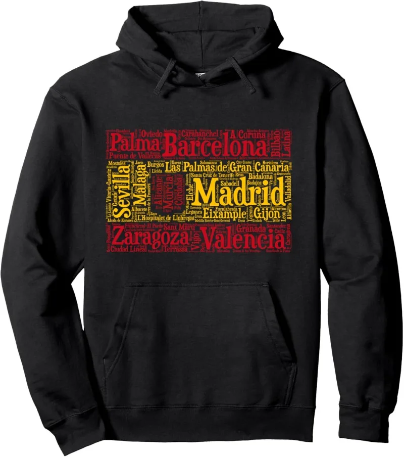 

Spain Flag with Spanish City Names Word Art Pullover Hoodie Vintage Retro Man Clothing Hombre Sudadera Hoodie Thermal Shirt