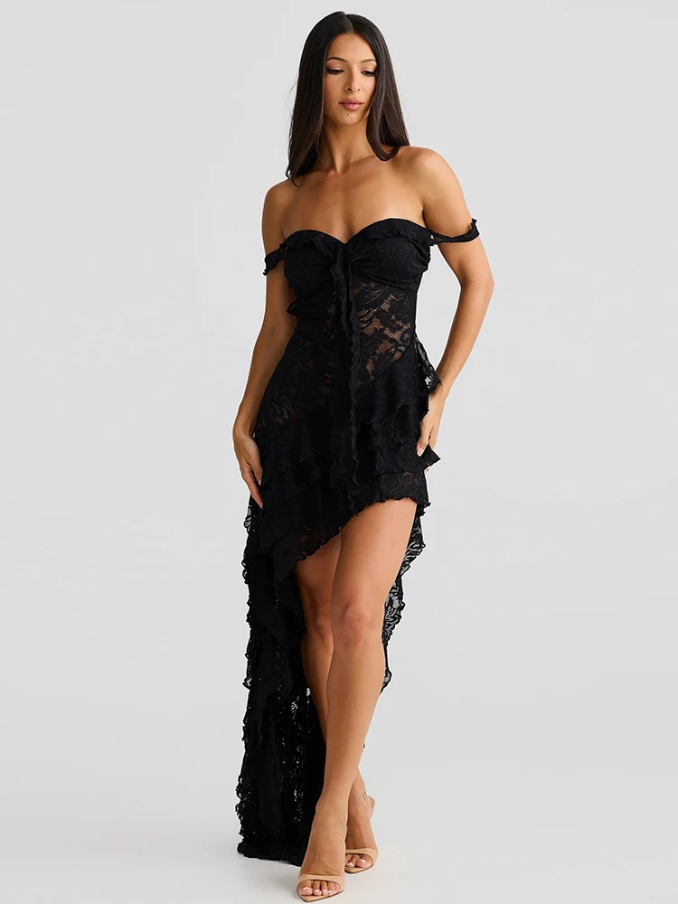 

Insglas Patchwork Elegant Irregular Tierred Dress Women Mesh Slash Neck Lace-Up Backless Midnight Banquet Party Long Bodycon