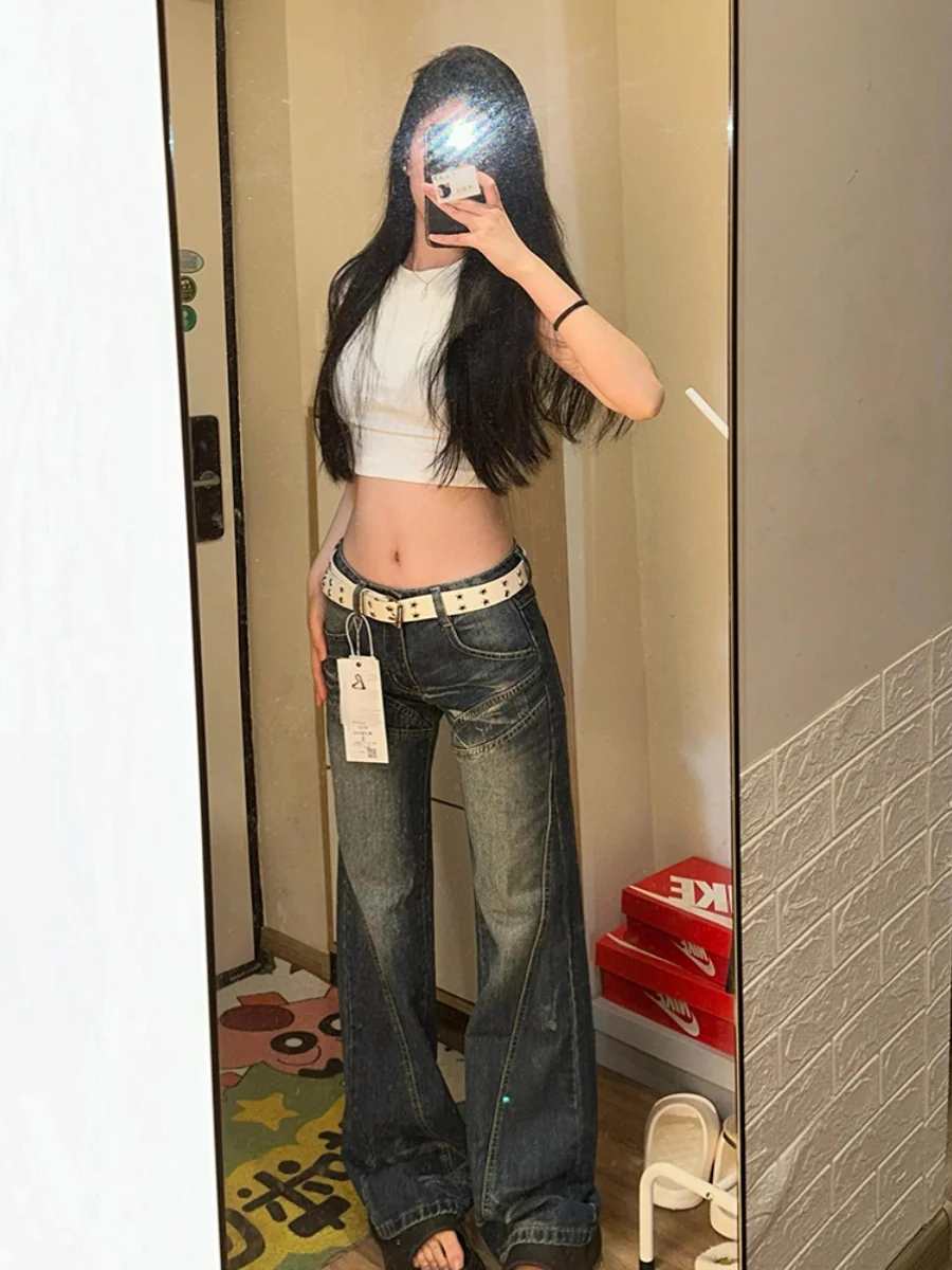 

Американские винтажные синие джинсы с широкими штанинами для женщин, летние свободные прямые брюки с высокой талией, длиной в пол