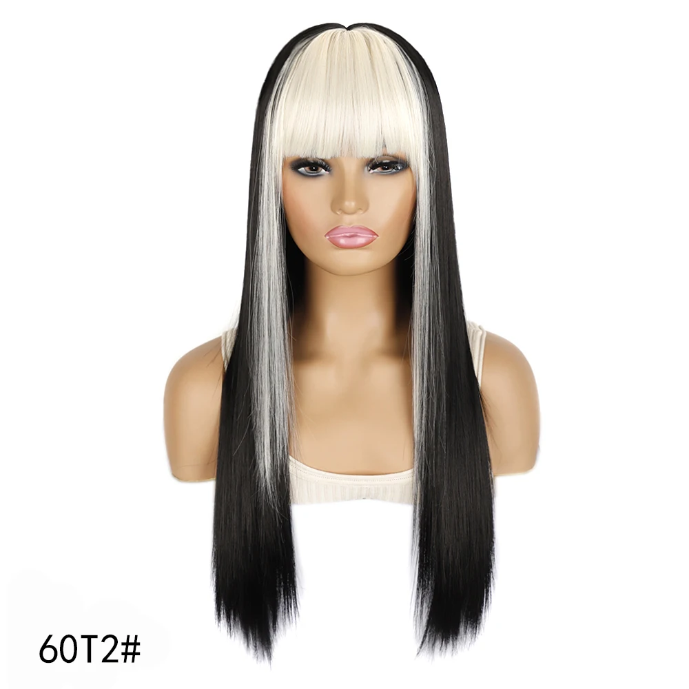 Women Synthetic Beige Black Long Straight Wig With Bangs Hip Hop Anime Cosplay Party Heat Resistant