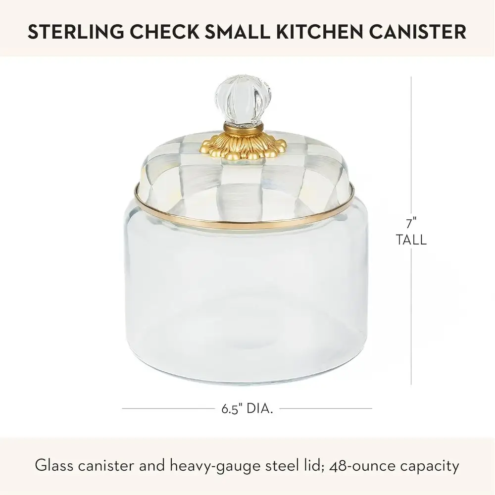 علبة مطبخ زجاجية مزخرفة باللونين الرمادي والأبيض مع غطاء، وعاء تخزين صغير بنمط فحص الاسترليني #4