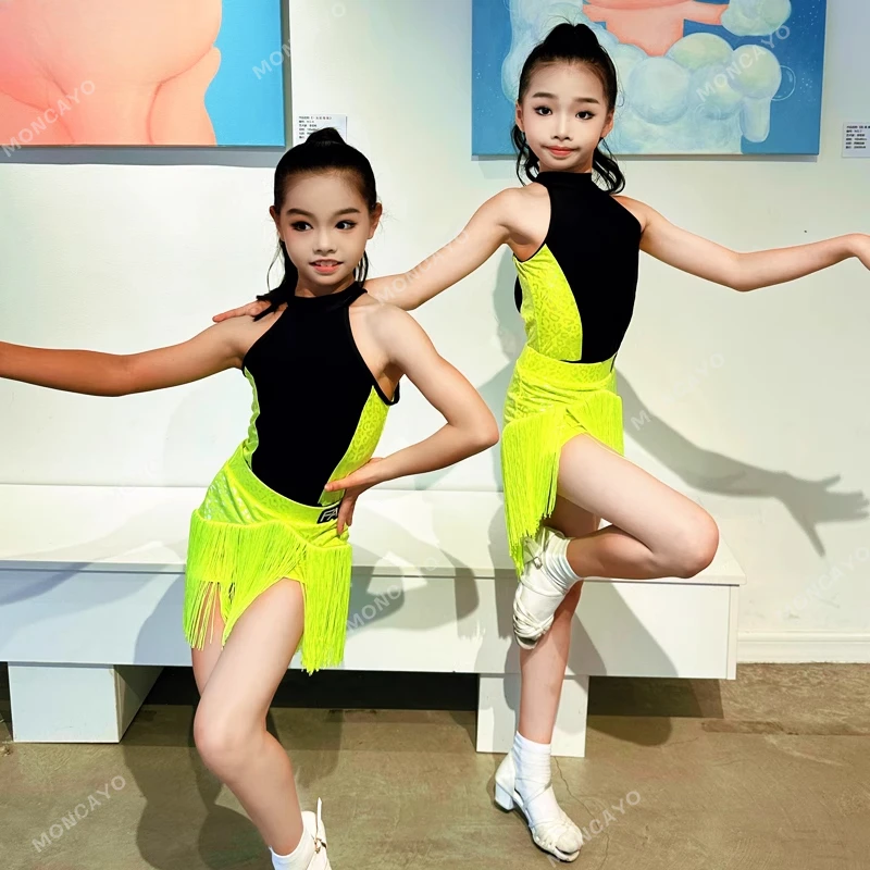

Новое детское платье для латинских танцев Rumba Cha Cha Samba для девочек, платья для бальных танцев, юбка с кисточками, бахрома, платье для латинских танцев