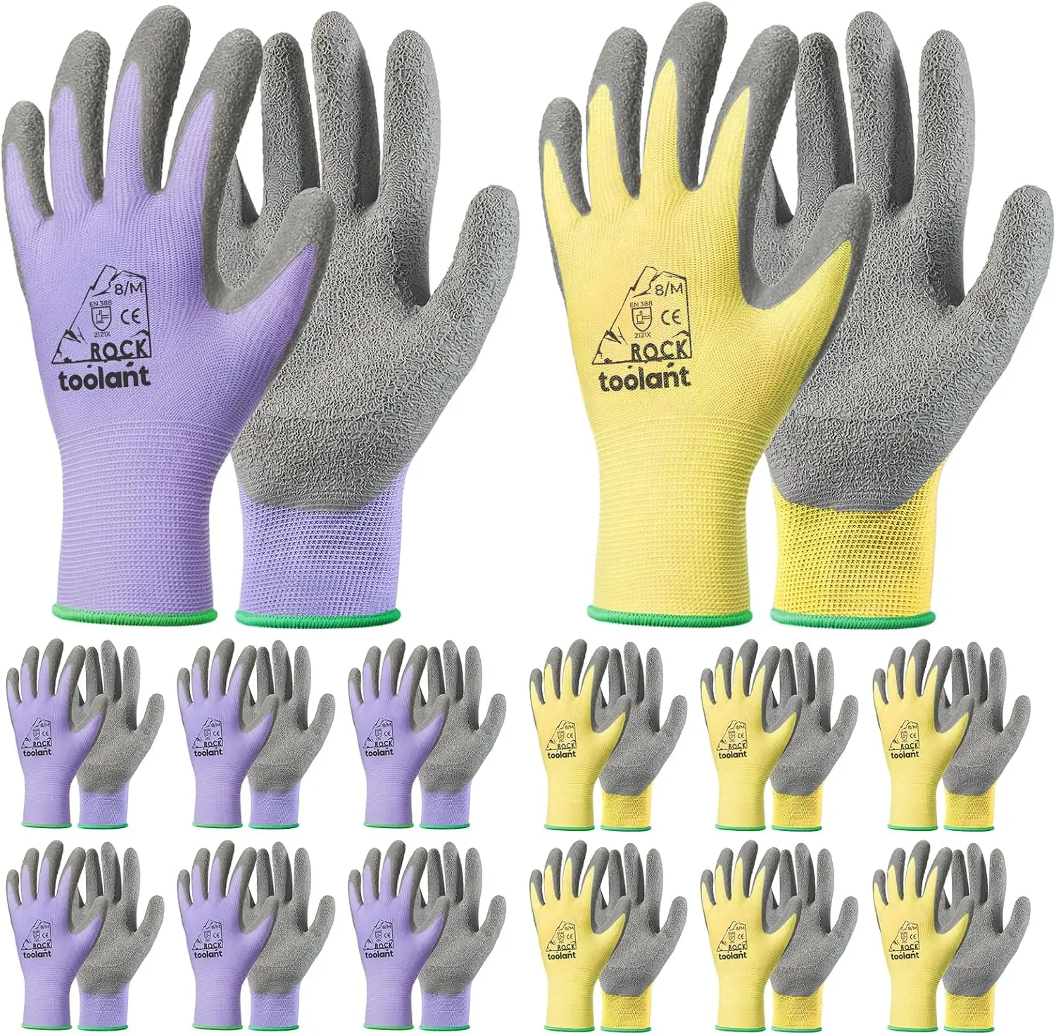 

Crinkle Latex Work Gloves 12 Pairs, Rubber Coated Safety Gloves for Construction, Gardening, Warehouse (Purple & Yellow, Medium)