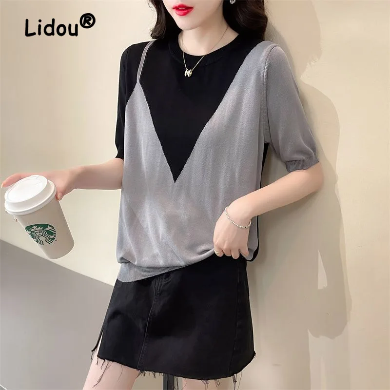 Temperament Color Matching Ice Silk Blouse Summer Short Sleeve O-collar Loose Office Korean All-match Lady Pullover Shirt