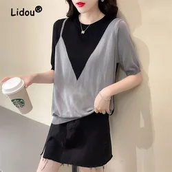 Temperament Color Matching Ice Silk Blouse Summer Short Sleeve O-collar Loose Office Korean All-match Lady Pullover Shirt