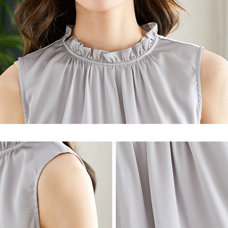 Summer Women\'s blouse Satin Women Tops Fashion Silk Blouse Women Sleeveless Stand Collar Blouses OL Female Clothing Ladies Tops