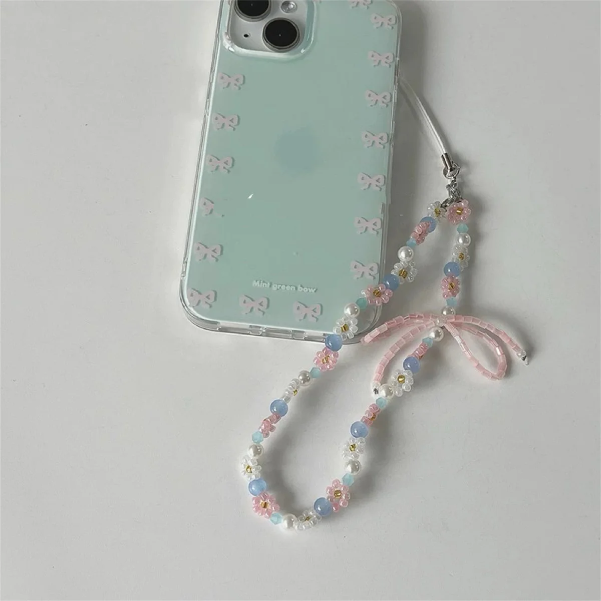 Girl's Sweet Phone Hanging Rope Bow Beaded Bracelet Pendant CCD Camera Pendant Accessories Bag Pendant Earphone Cover