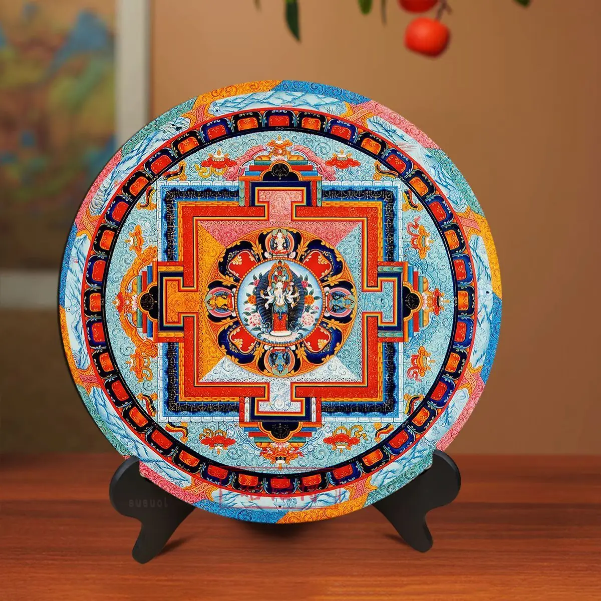 Tibetan Thangka Mandala Decorative Plate Thousand Armed Avalokiteshvara Round Display Plate with Stand Buddhist Altar Ornament