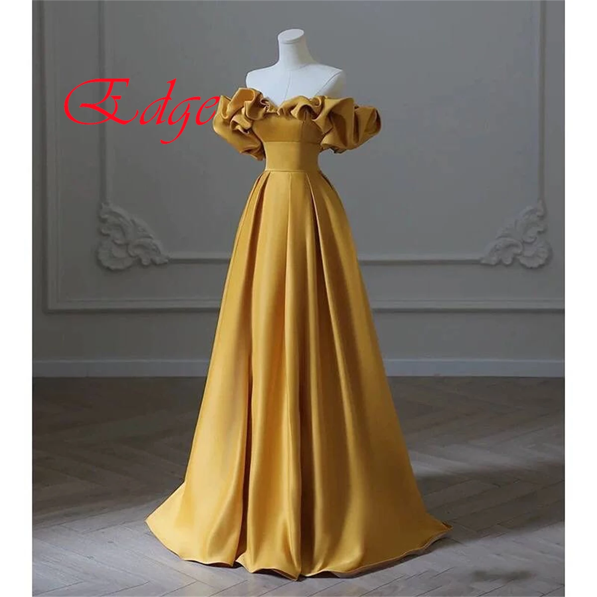 Customized Delicate Yellow Satin Evening Dress Temperament Boat Neck Off the Shoulder Sleeveless Lace Up Back Homecoming Dress