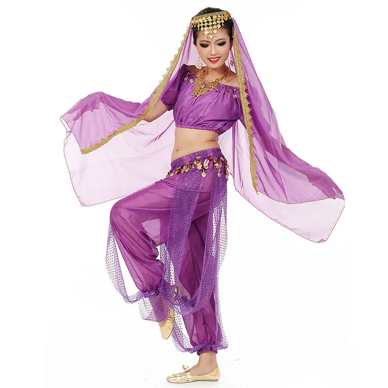 

Women Belly Dance Costume Set India Arabian Bollywood Coin Head Veil Top Harem Pant Stage Costume Halloween Rave Outfit Cosplay