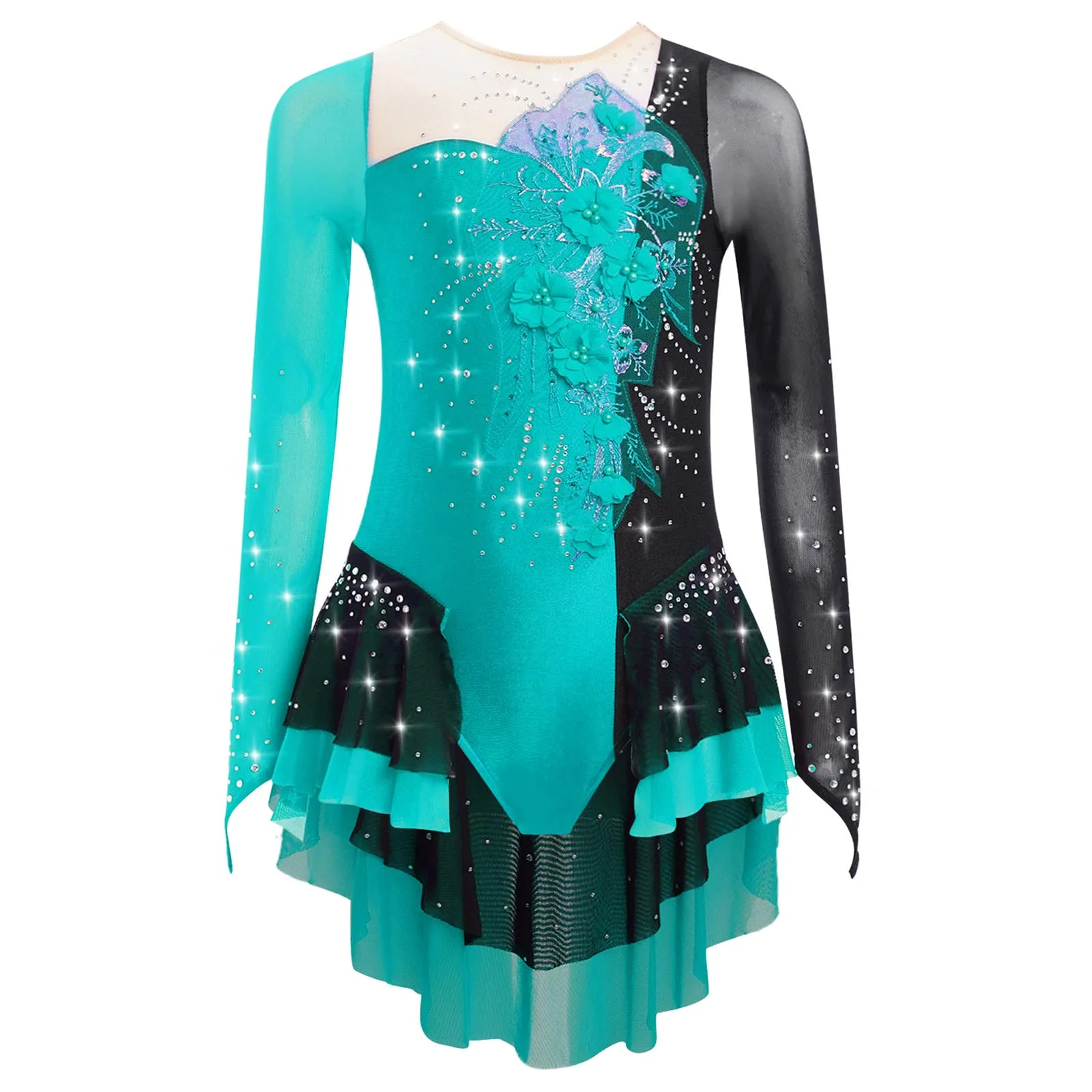 

Kids Girls Applique Figure Skating Bodysuit Gymnastics Ballet Dance Costume Shiny Rhinestones Long Sleeve Mesh Skirted Leotard