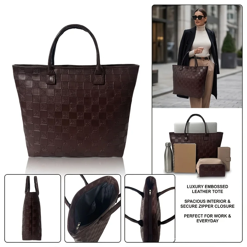 Light Luxury Deep Brown Quilted Pattern Women's Tote Bag, Large Capacity Women's Vintage Woven Style Commuter Handbag - view 5