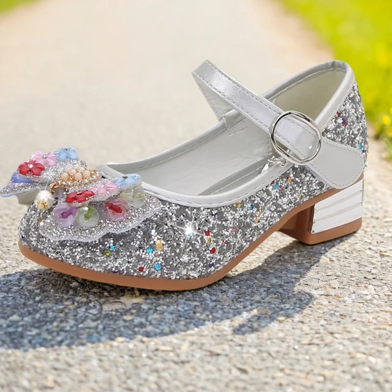 Girl's Purple High-heeled Shoes For kid's 2025 Children New Four Seasons Princess Kids Sequins Students Dance Performance Shoes