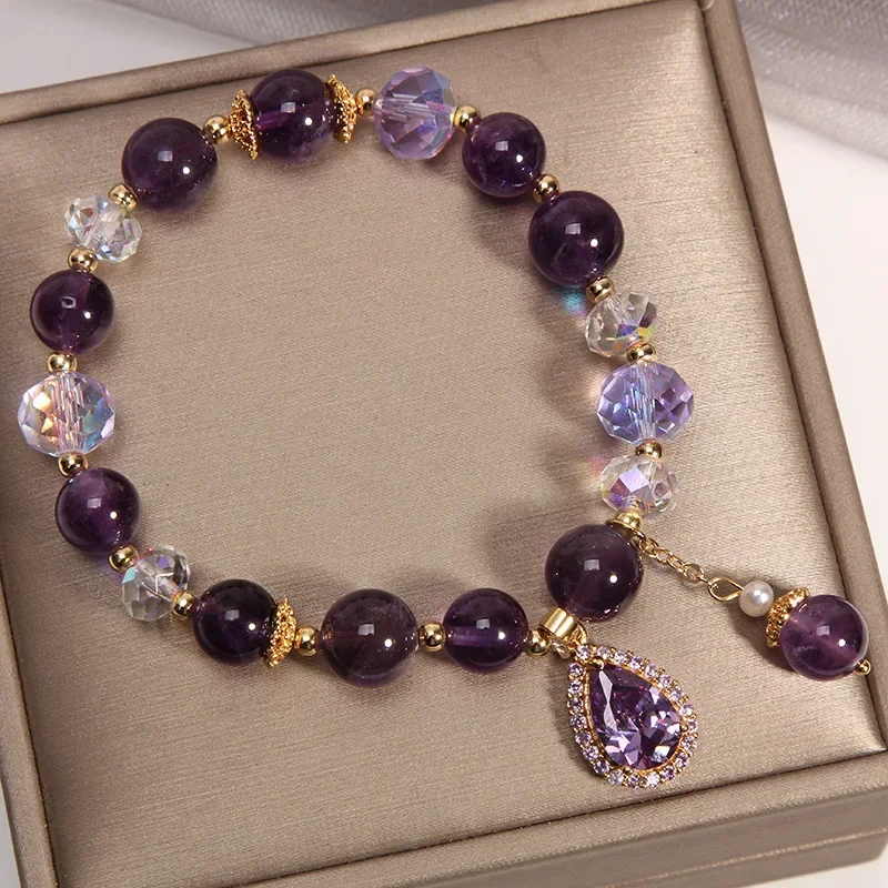 Natural Purple Crystal Bead Bracelet For Women Shimmering Pendant Elegant Jewelry Hypoallergenic Metal Iridescent Accessories