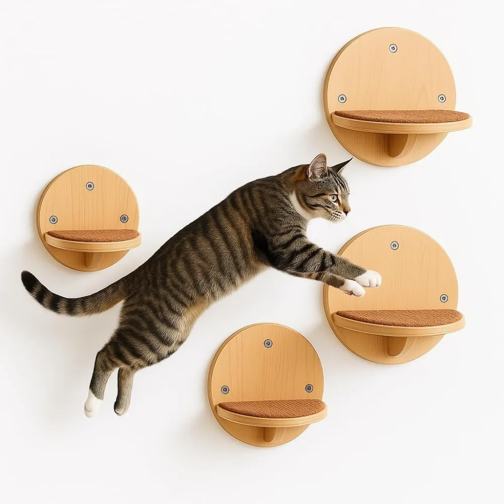 

Настенные круглые полки-лестницы для кошек, набор из четырех ступеней из массива дерева для игр и отдыха, компактная мебель