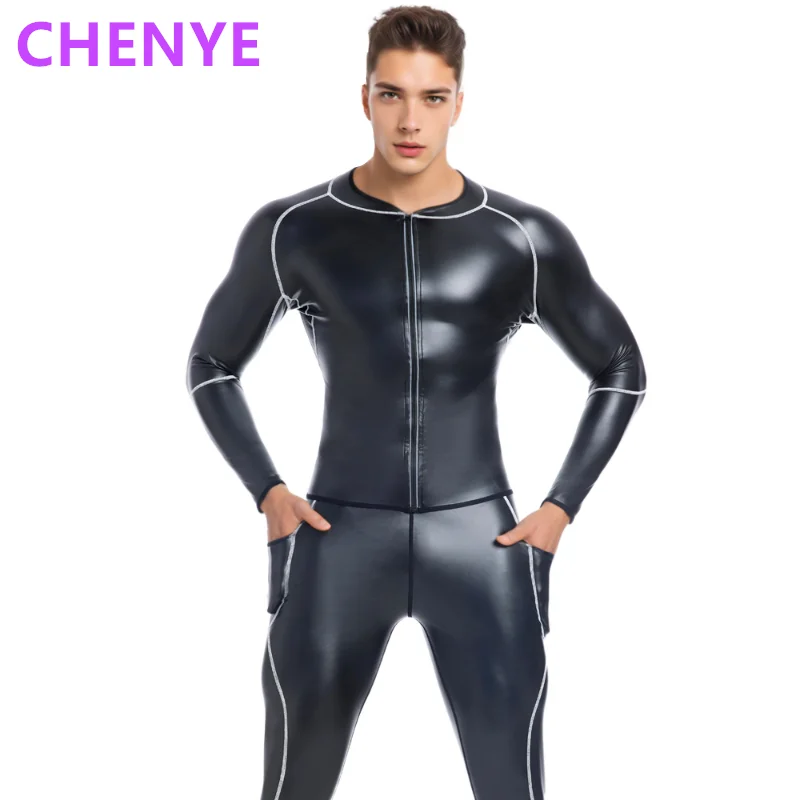 

Men Stand Collar Leather Jacket White line Faux Leather Tops Fitness Men Body Shaper Waist Trainer Corsets Zipper Slim Shirts