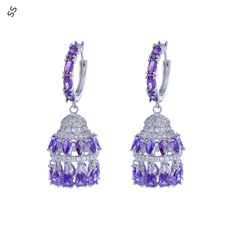 Noble Luxury Elegant Full of Inlaid Purple Zircon Water Drop Earrings Heavy Handmade  Stereo Bell Ear Buckle Circle Pins