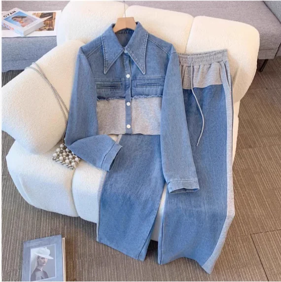 

Denim splicing fashion casual suit spring and autumn new long-sleeved top + wide-leg trousers two-piece suit