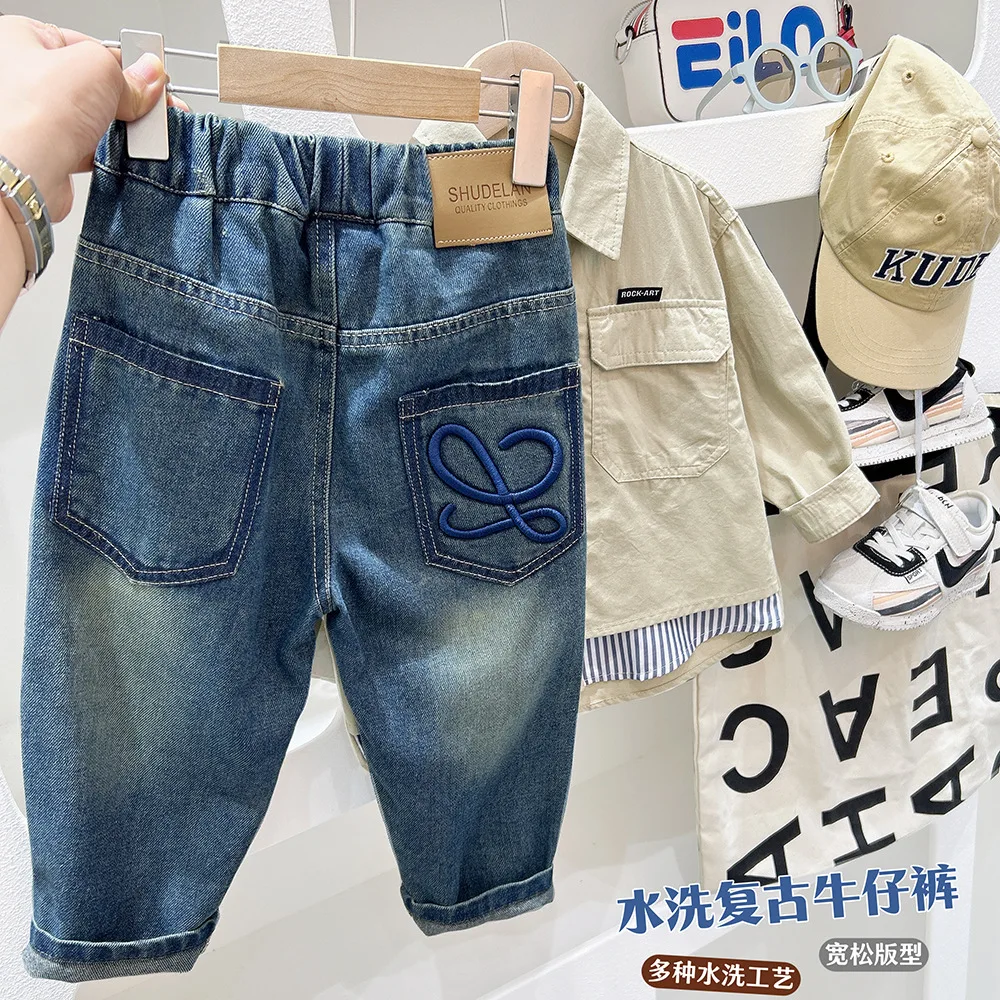 

2-10 Years Students Denim Pants For Boys Spring Autumn Solid Color Embroidery Kid Boys Trousers Handsome Children Boys Jeans