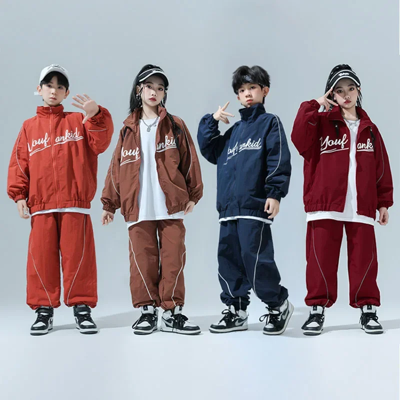Vêtements Hip Hop pour enfants, veste coupe-vent à fermeture éclair rouge vin, haut décontracté, pantalon de jogging large pour filles et garçons, Costume de danse Jazz, ensemble de vêtements