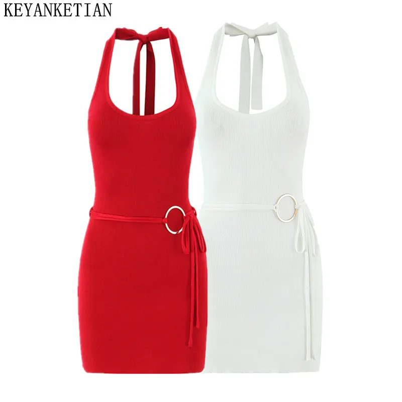 

KEYANKETIAN, новое летнее женское вязаное платье-жилет на шнуровке с подвесным воротником, облегающее и утягивающее украшение с металлической пряжкой