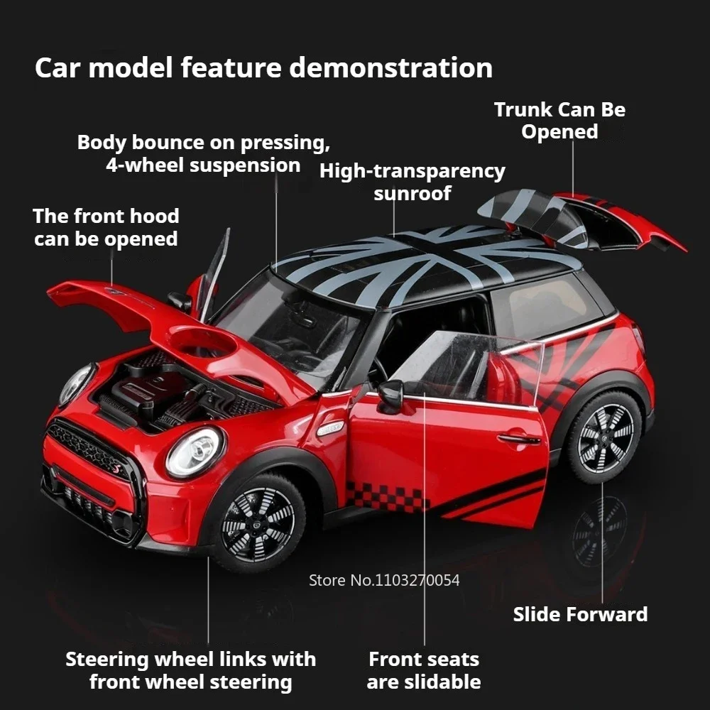 1:18 Scale Mini Cooper S Alloy Diecast Toys Car Model Doors Opened Slide Forward Rubber Tire Miniature Vehice Best Fashion Gifts