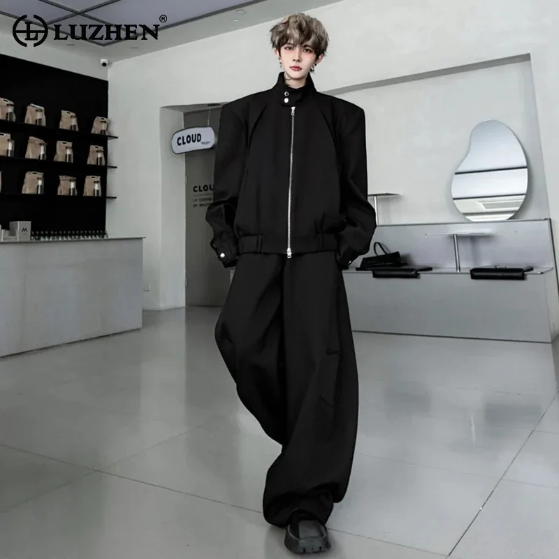 

LUZHEN 2025 New Solid Color Two-piece Sets Men's Solid Color Handsome Stand Neck Coat Fashion Baggy Wide Leg Casual Pants JY4282