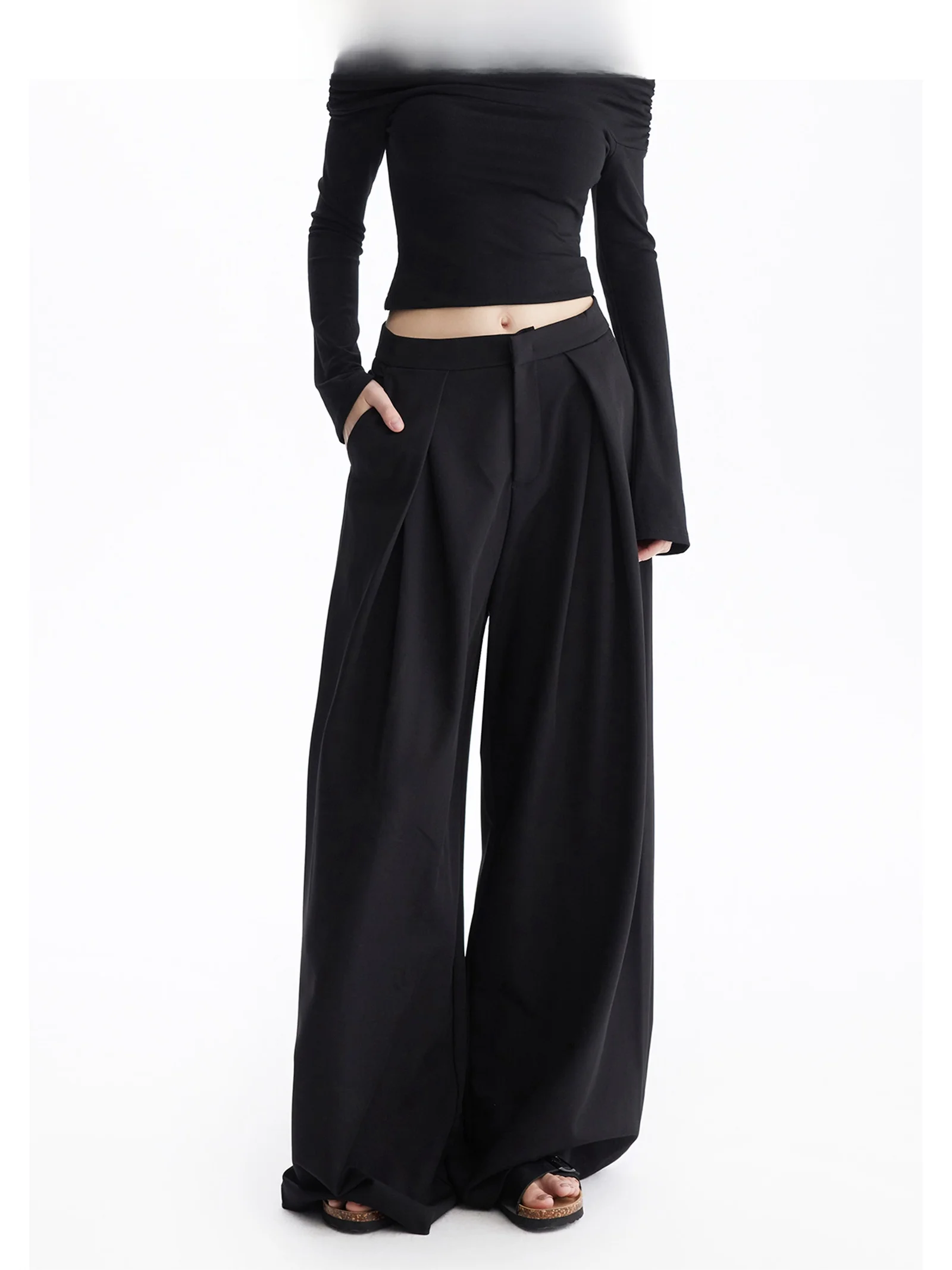 

LONDLOND High Waist Wide Leg Pants Women's Casual Loose Suit Pants Bla Drapey Spring Summer Design Asymmetric Commute Sle