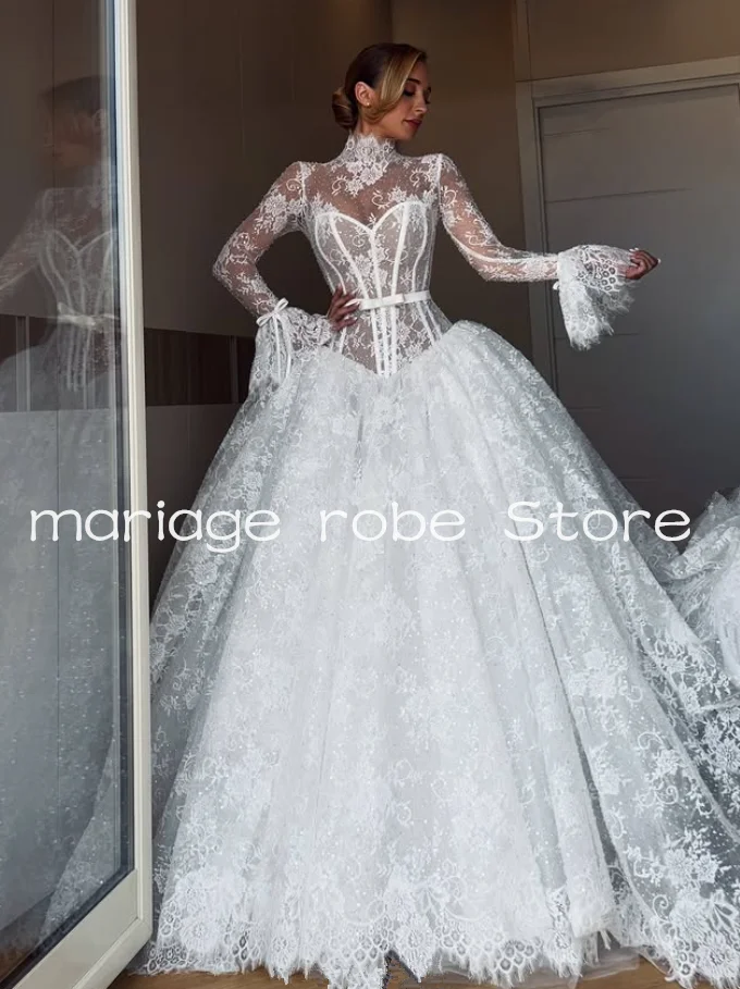 豪華なプリンセスサウジウェディングドレスハイネック長袖骨抜き教会ロイヤル中東ブライダルガウン衣装カスタムサイズ