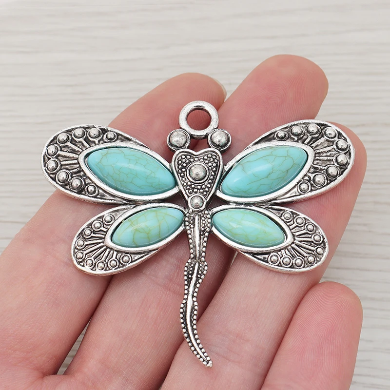 3pcs Tibetan Silver Imitation Turquoises Dragonfly & Faux Stone Charms Pendants For DIY Necklace Jewelry Making Accessories