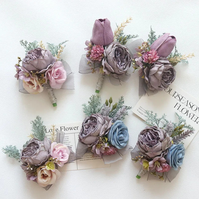 Boutonniere And Wrist Corsage Wedding Flower Bouquet Mori Style Purple Vintage Imitation Dried Flower Business Celebration