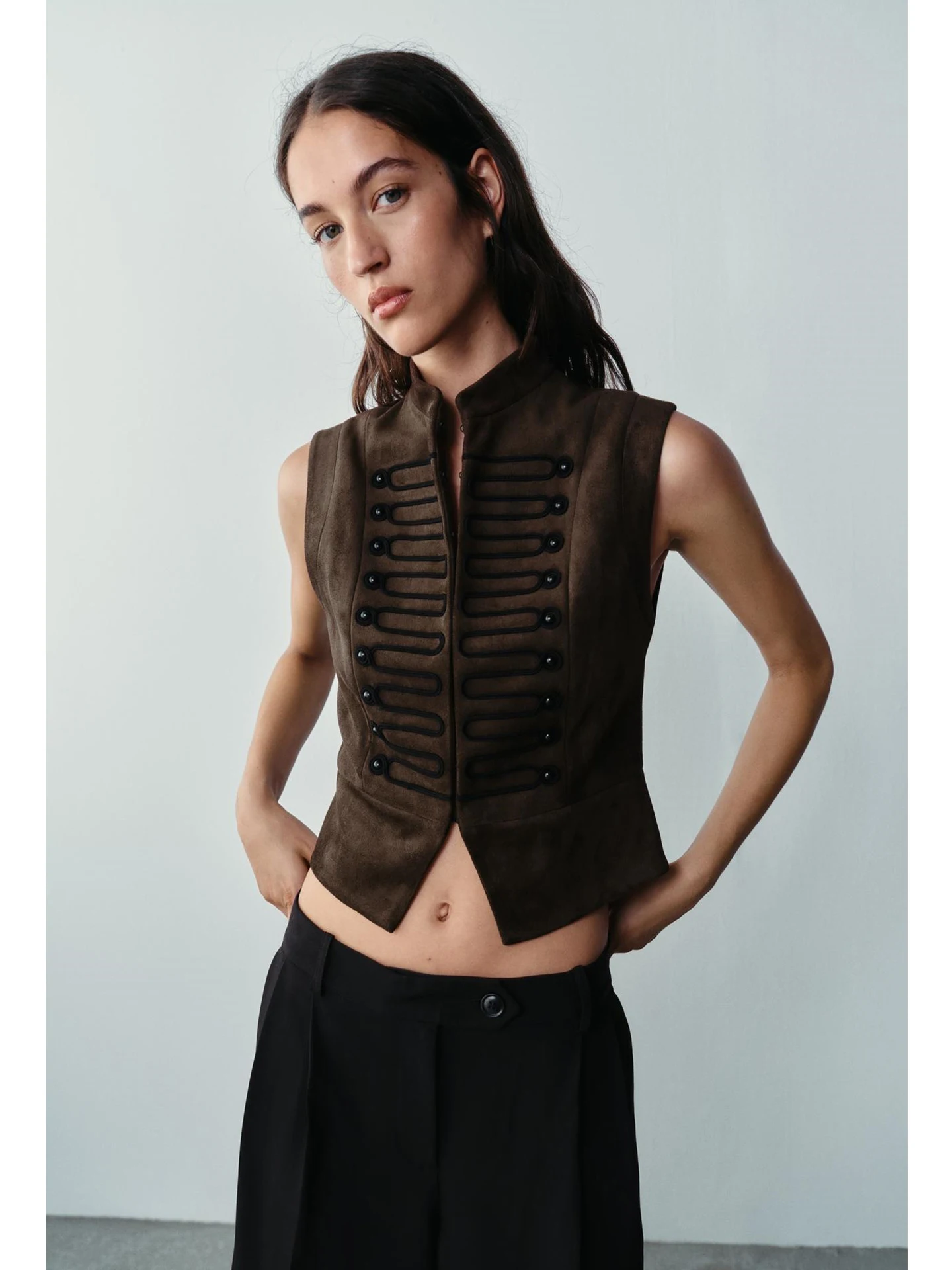 New Autumn Women's Commuter Style Stand Collar Sleeveless Vest with Rope Knot Buckle Short Polyester Fashion Ladies' Vest