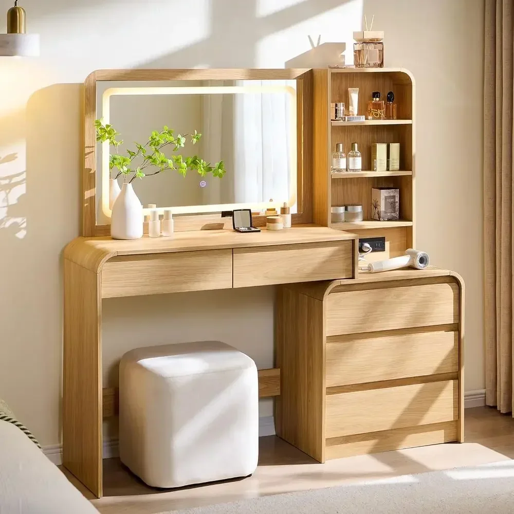 50 Natural Wood Makeup Vanity Desk with Illuminated Mirror and 5 Drawers, Charging Station Included