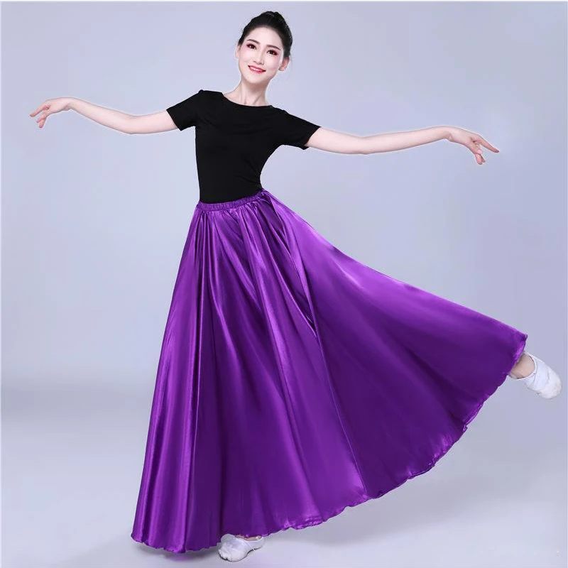 Glanzend satijnen lange Spaanse rok Swing-dansrok Buikdansrok Zonrok 14 kleuren beschikbaar VL-310