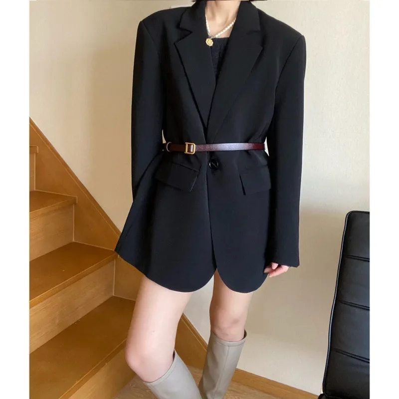 Office Ladies Black Blazer Jacket for Women Turn Down Collar Single Button Korean Vintage Slim Outerwear Stylish Tops