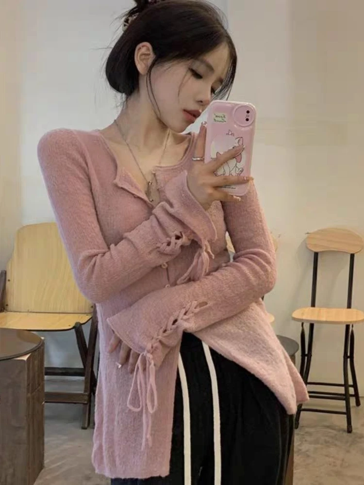 Tender Elegant Grunge Sweet Cardigans Y2k All Match Chic Solid Vintage Sueter Mujer Korean Casual Women Trendy Bandage Sweaters