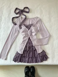 2026 New Women Birthday Rave Korean Fashion Gyaru Y2k Coquette Outfits 2 Piece Set Fake Two Pieces Top + Mini Ruffle Skirts Chic