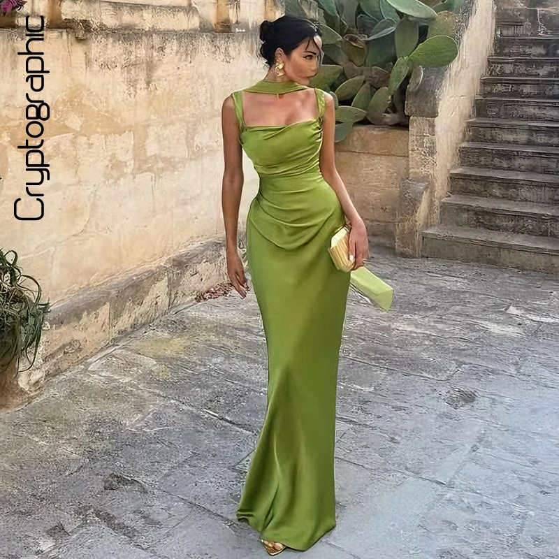 

Green Satin Maxi Dress with Ribbon Sleeveless Ruched Bodycon Silky Evening Party Wedding Guest Elegant Dresses 2026