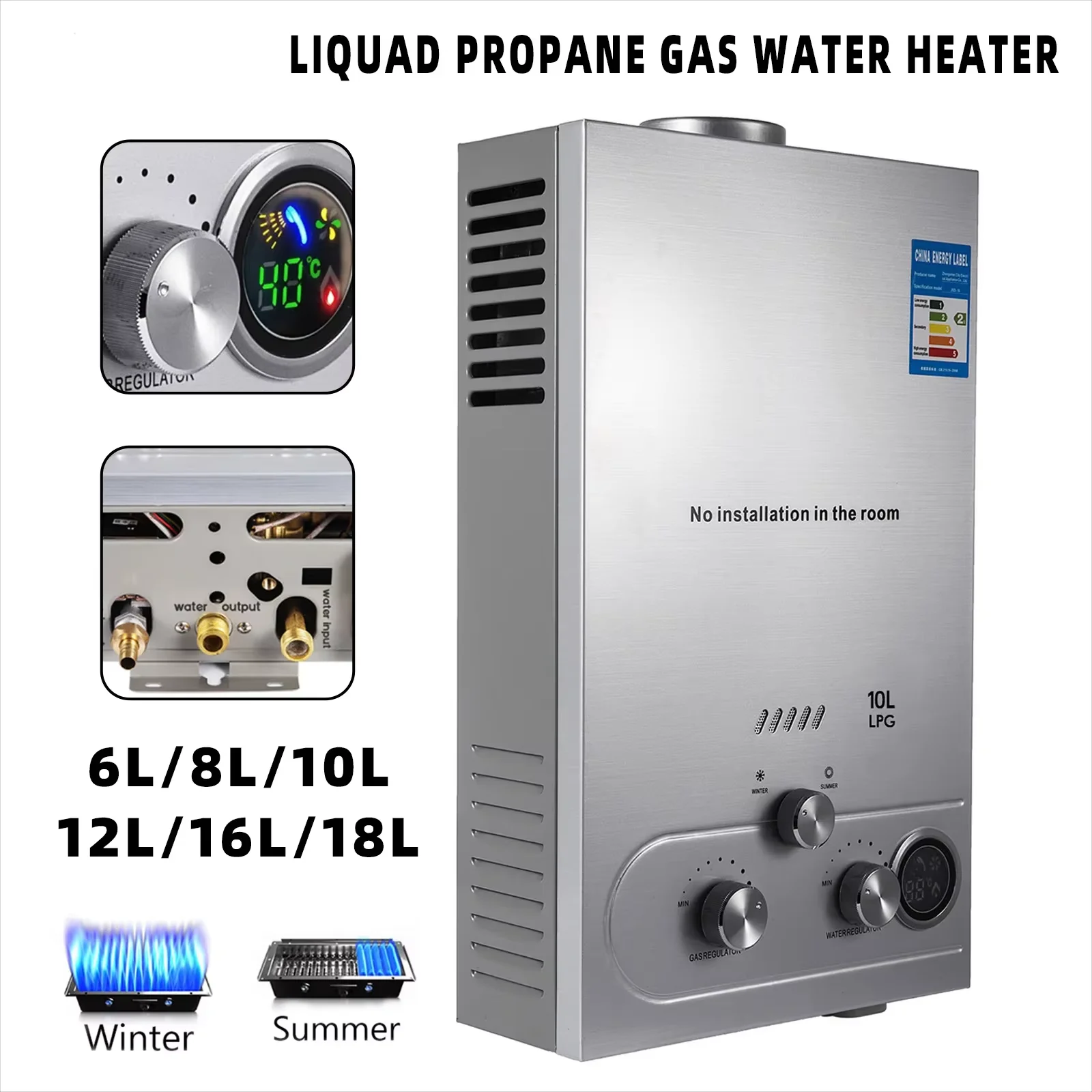 Chauffe-eau sans resevoir en acier inoxydable, gas GPL, propaan, corps met kit de douche, apparel de camping domestic, 6L